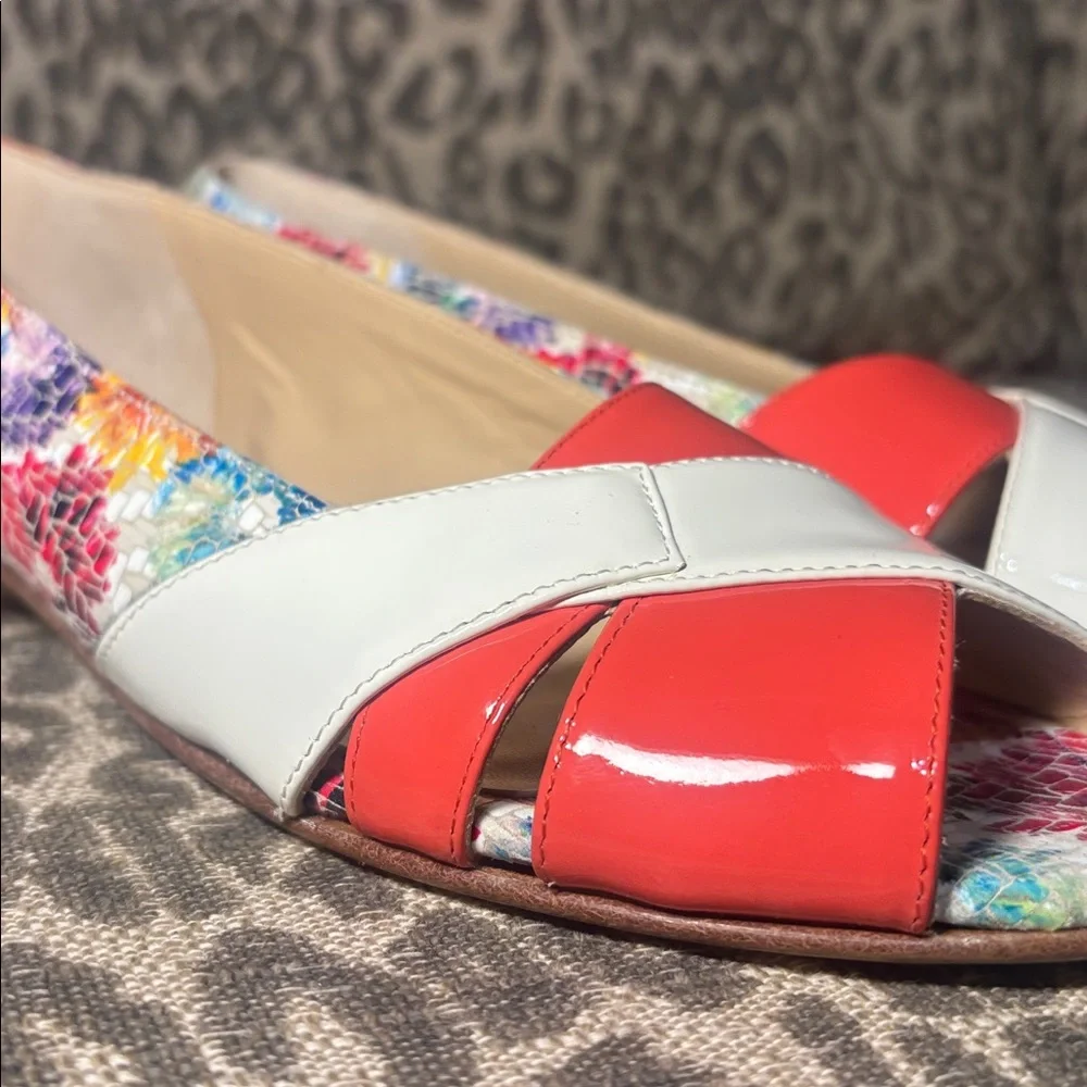 NWOT Amalfi patent leather open toe colorful Resortwear gold heel classic 7.5
